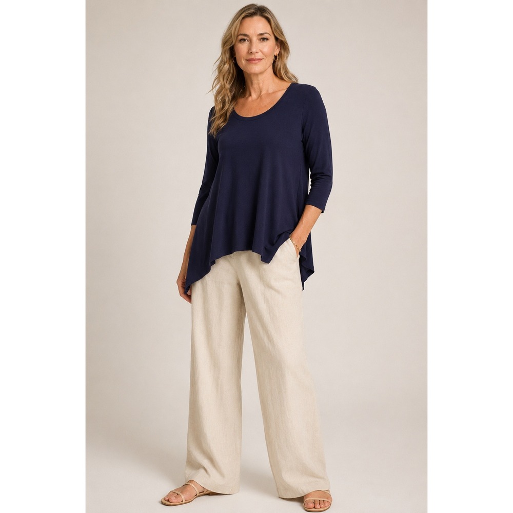 Eileen Fisher Scoop Neck Asymmetrical Hem Top Small Navy Stretch Minimalist